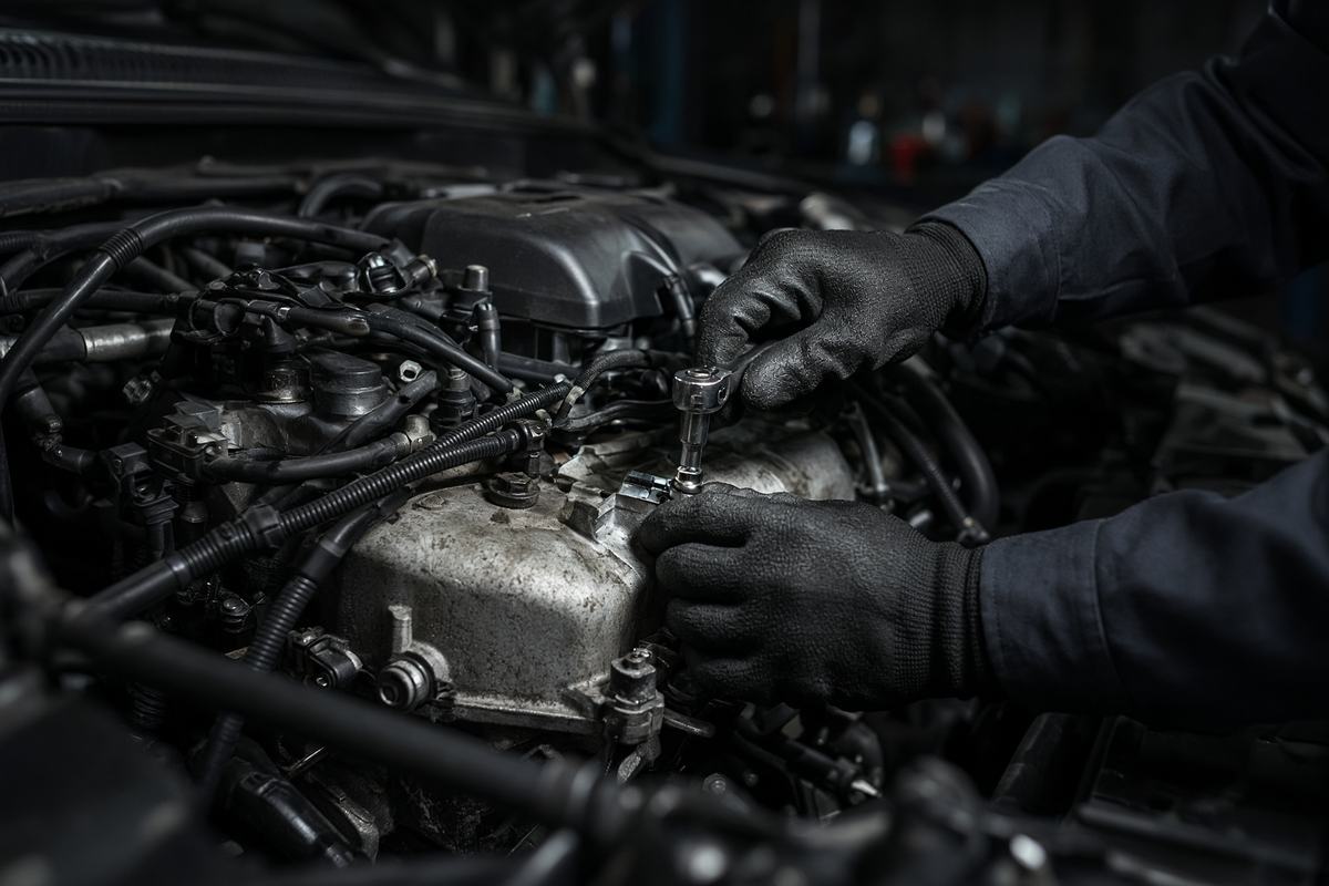Mechanic working in an engine bay