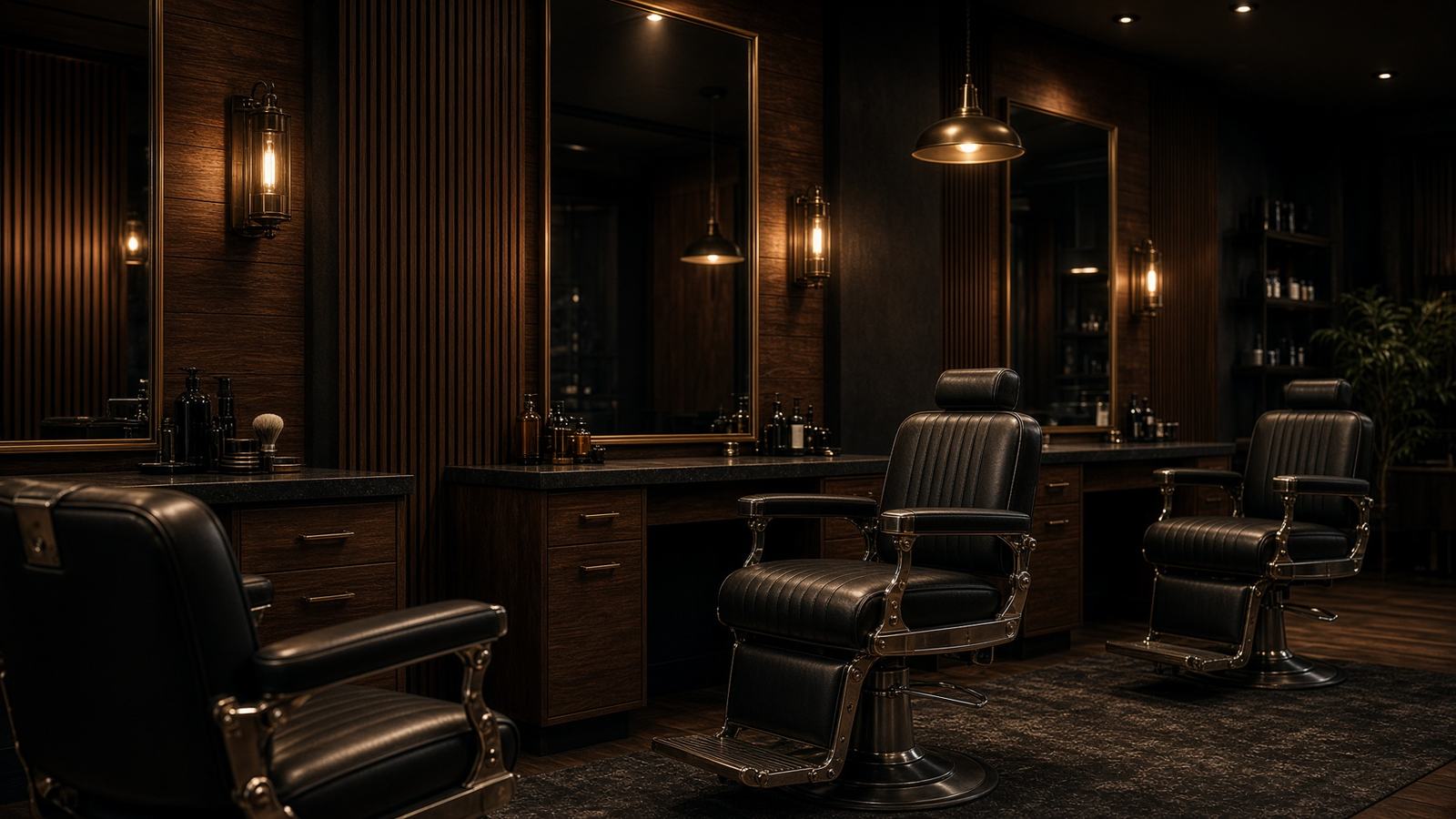 Dark modern barbershop interior