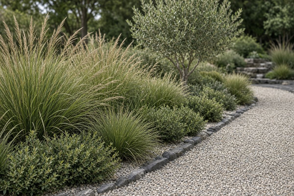 Gravel garden path and ornamental grasses