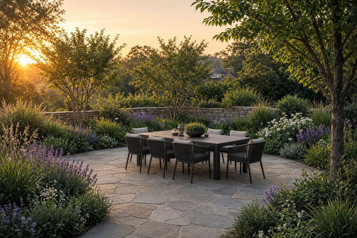 Stone patio with plantings at sunset