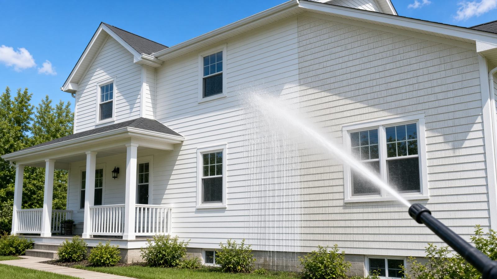 House siding being pressure washed