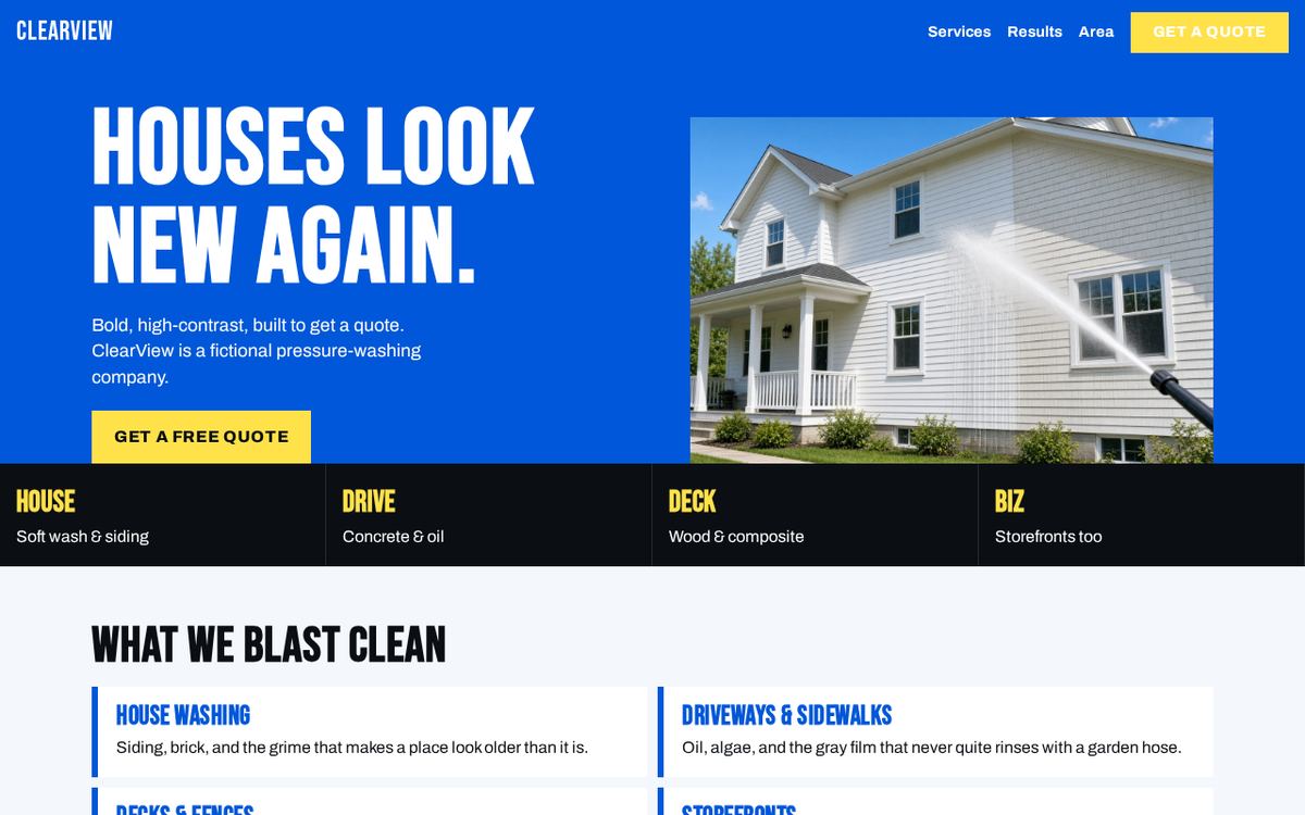 Preview of the ClearView Pressure Washing demo website