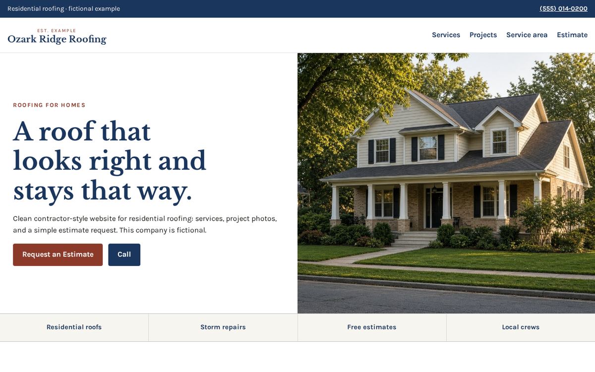 Preview of the Ozark Ridge Roofing demo website