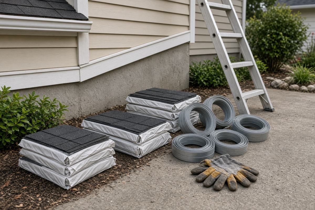 Roofing materials staged near a house
